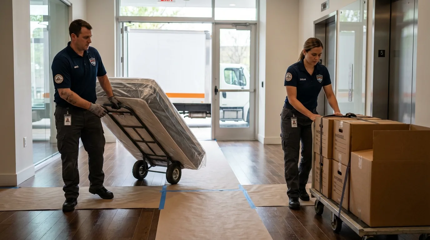 Professional apartment movers loading elevator in Silverdale, WA